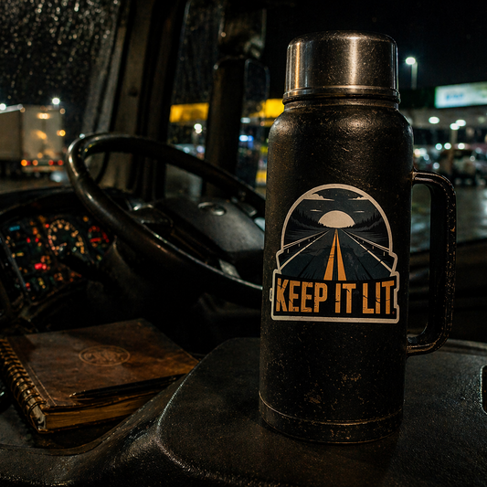 Thermos with 'Keep It Lit' design on a dashboard at night