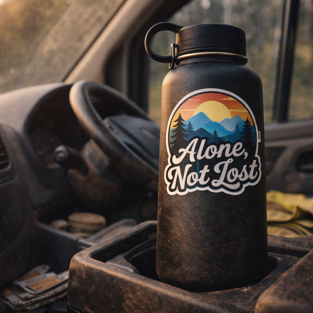 Water bottle with 'Alone, Not Lost' logo in a car cup holder