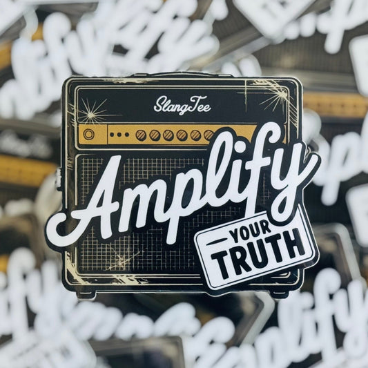 Sticker with 'Amplify Your Truth' design on a pile of similar stickers