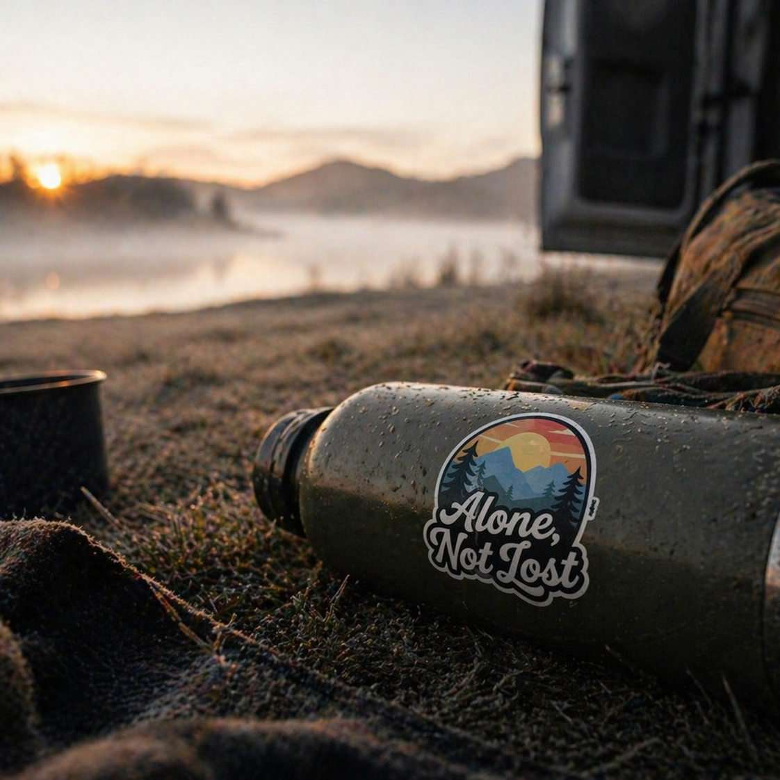 Bottle with 'Alone, Not Lost' sticker on a camping scene with sunset and lake.