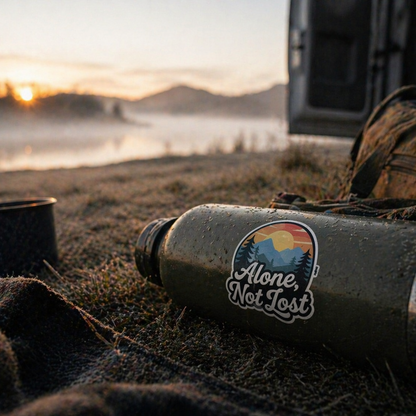Bottle with 'Alone, Not Lost' sticker on a camping scene with sunset and lake.