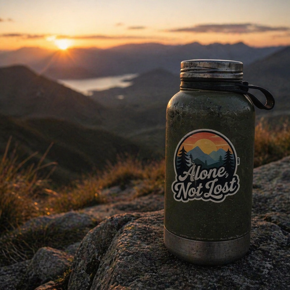 Water bottle with 'Alone, Not Lost' sticker on a mountain at sunset