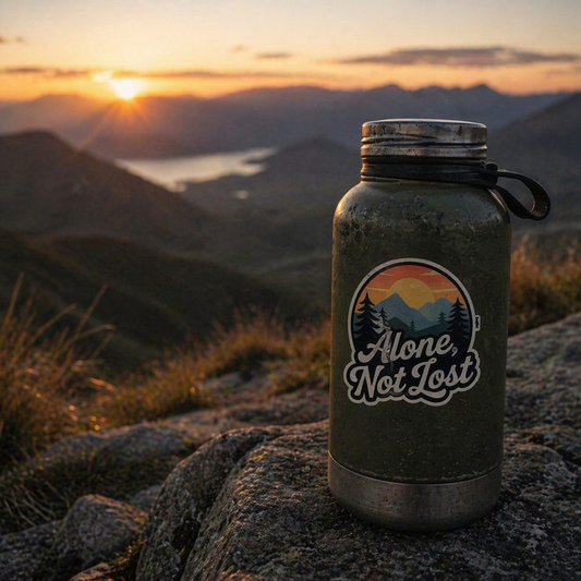Water bottle with 'Alone, Not Lost' sticker on a mountain at sunset