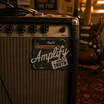 Amplify your truth sticker on an old guitar amp