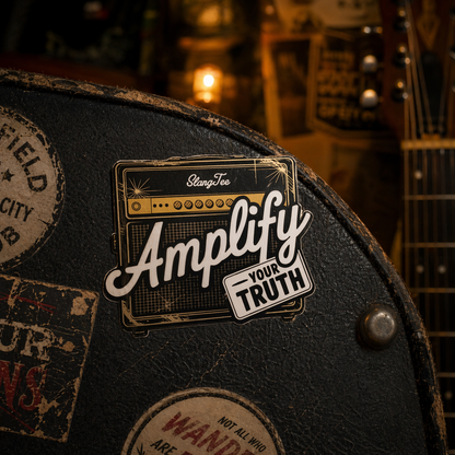 Guitar case with patches, including a prominent 'Amplify Your Truth' patch, in a music store setting.