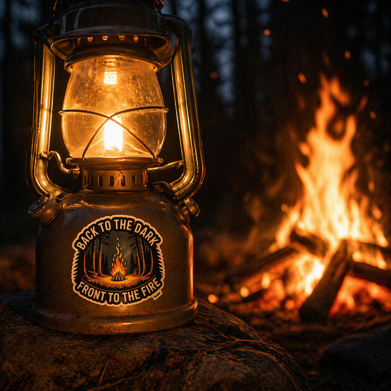Vintage lantern with 'Back to the Dark, Front to the Fire' label in front of a campfire at night.