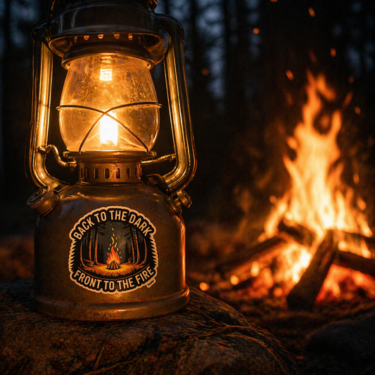Vintage lantern with 'Back to the Dark, Front to the Fire' label in front of a campfire at night.