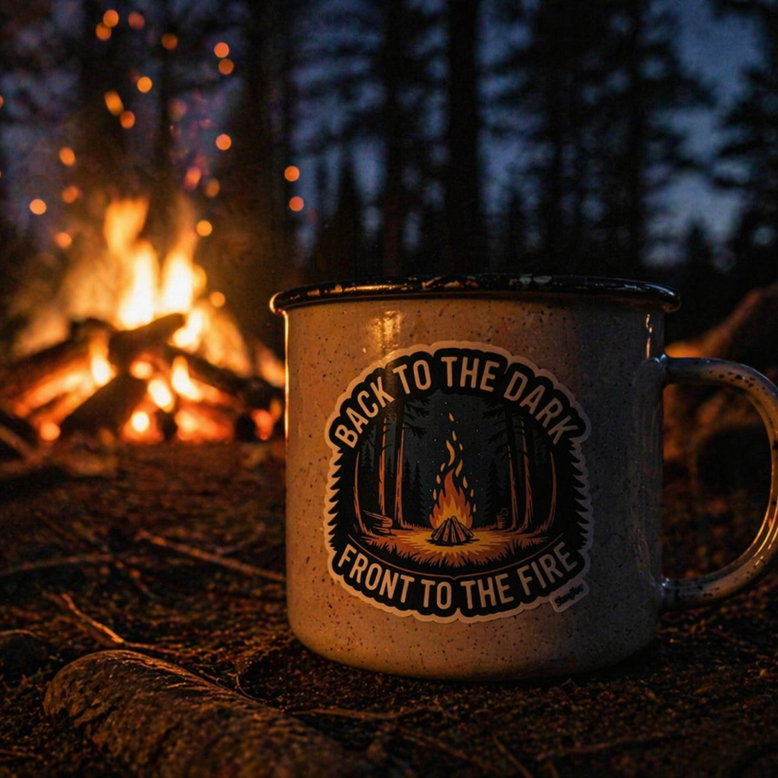 Camping mug with 'Back to the Dark, Front to the Fire' sticker by a campfire in a forest setting