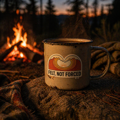 Camping mug with 'Felt, Not Forced' sticker by a campfire at sunset.