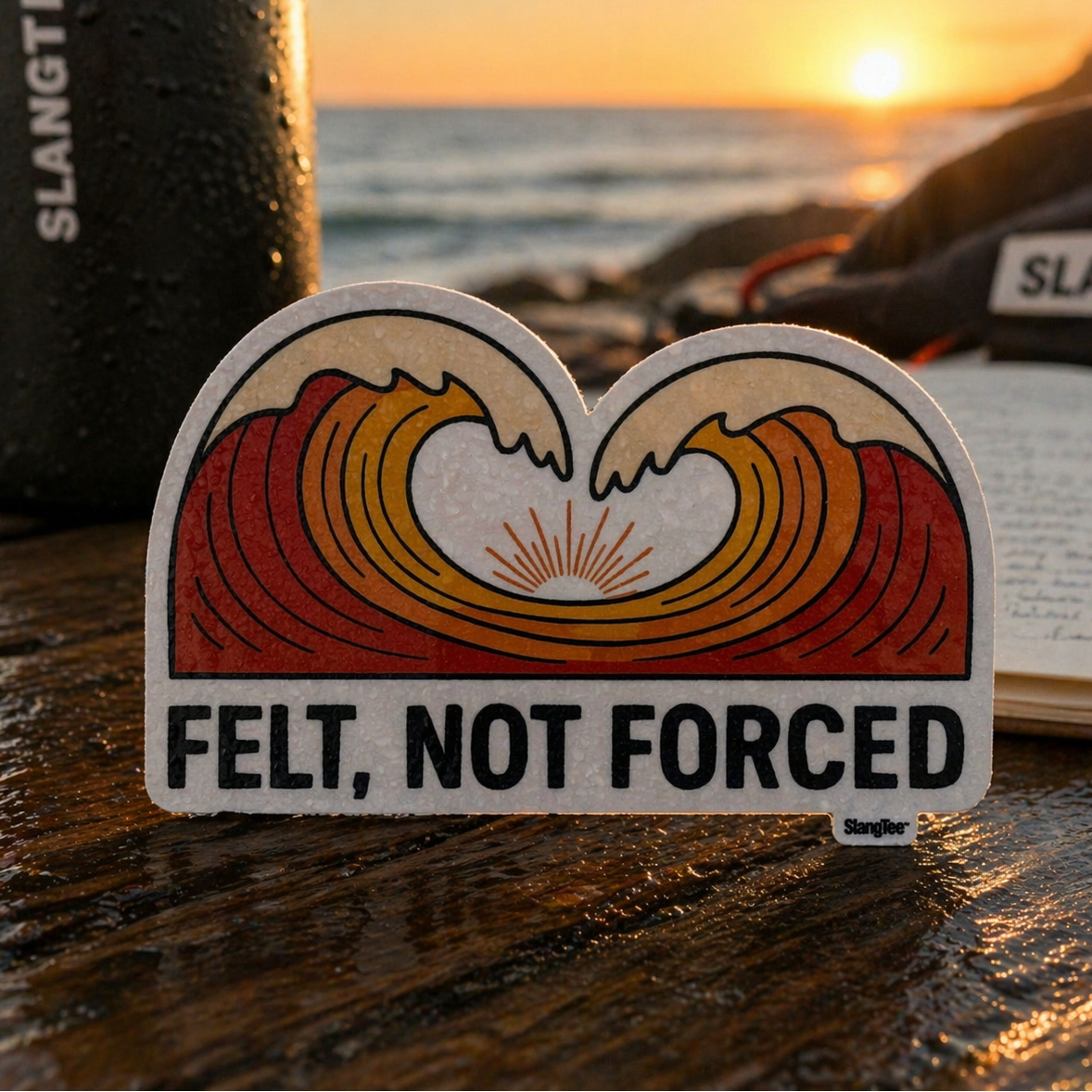 Sticker with wave design and 'Felt, Not Forced' text on a beach sunset background