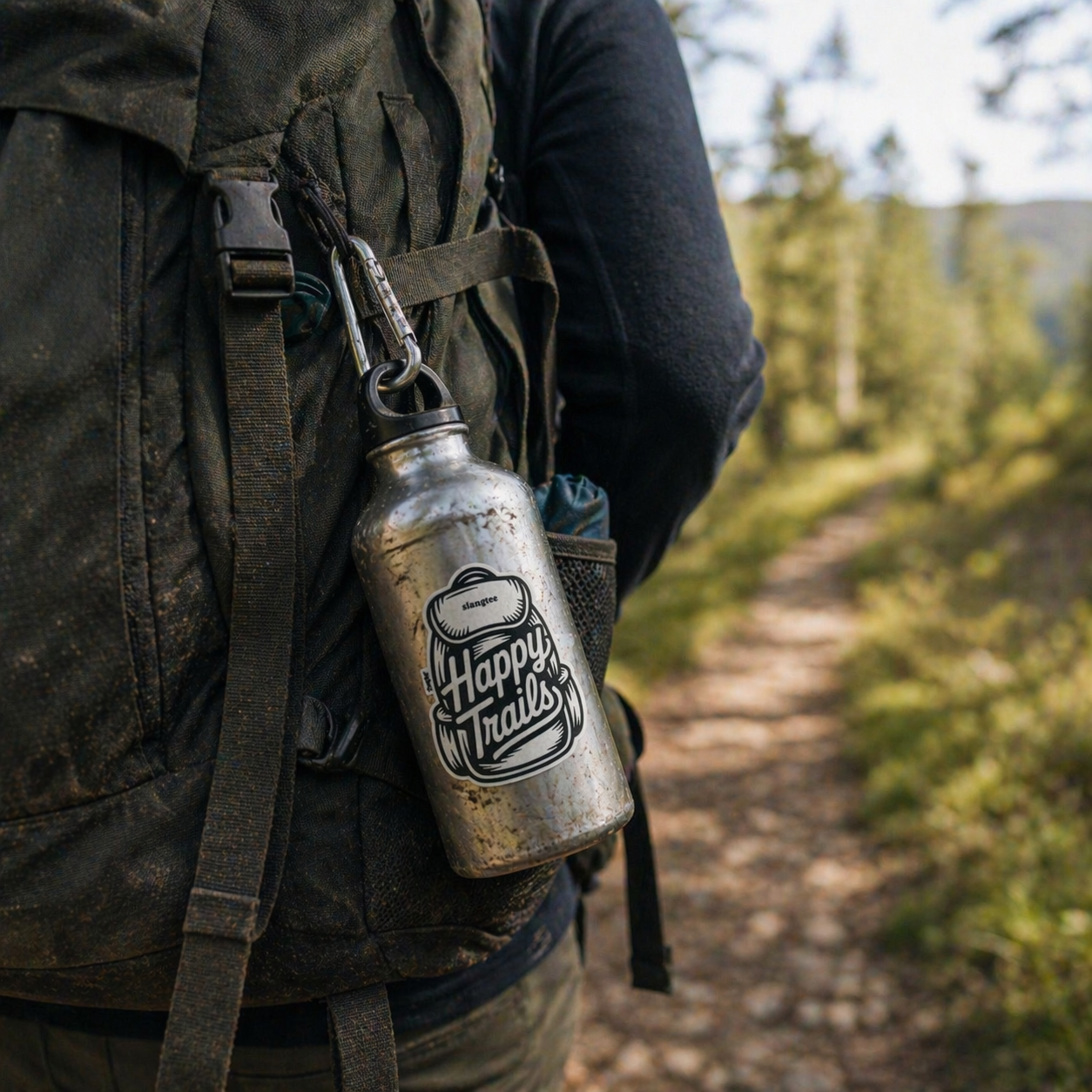 Person hiking with a 'Happy Trails' sticker on a water bottle on a trail in nature