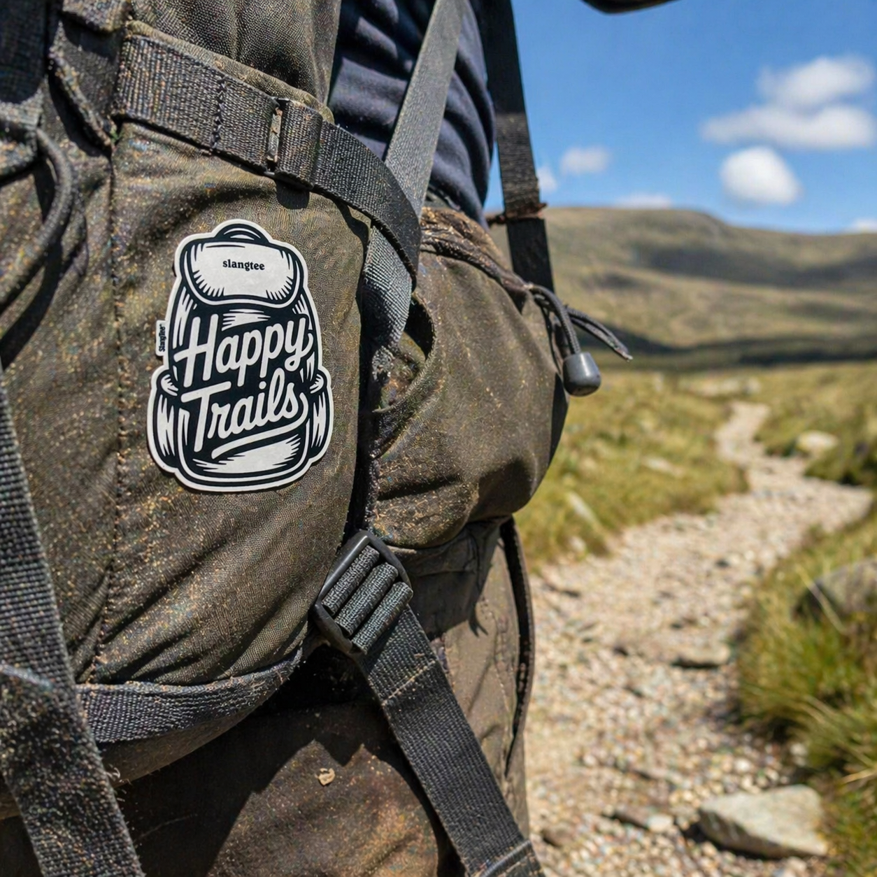 Hiking backpack with 'Happy Trails' patch on a mountain trail