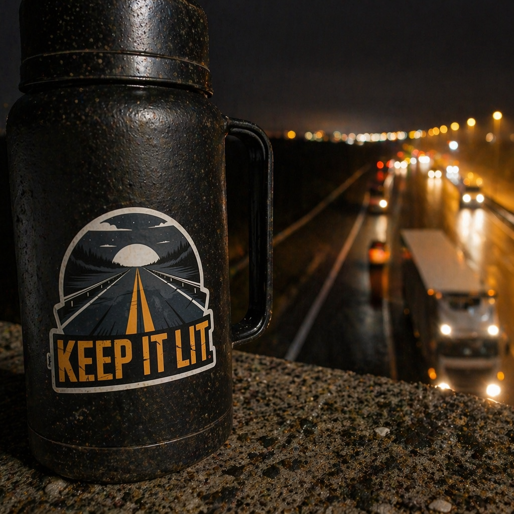 Thermos with 'Keep It Lit' logo on a highway at night