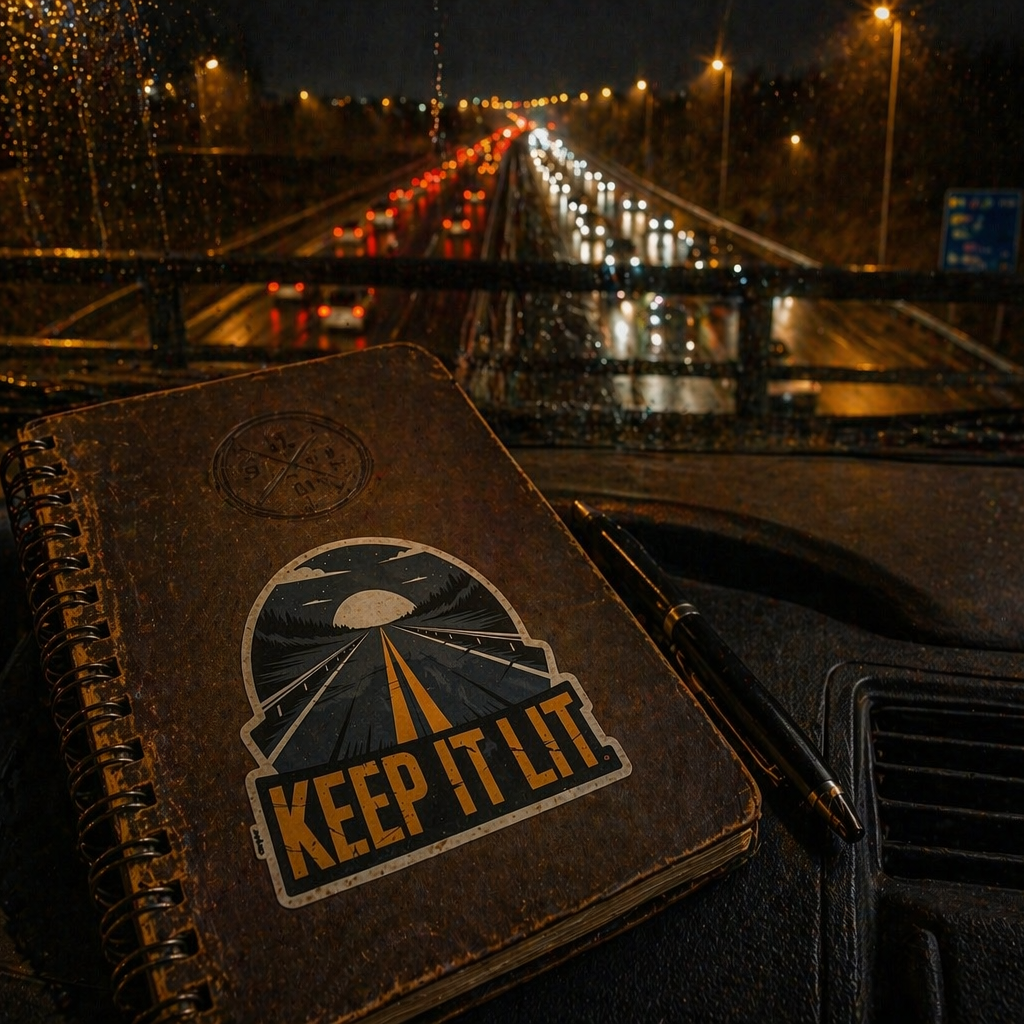 Notebook with 'Keep It Lit' design on a car dashboard at night.