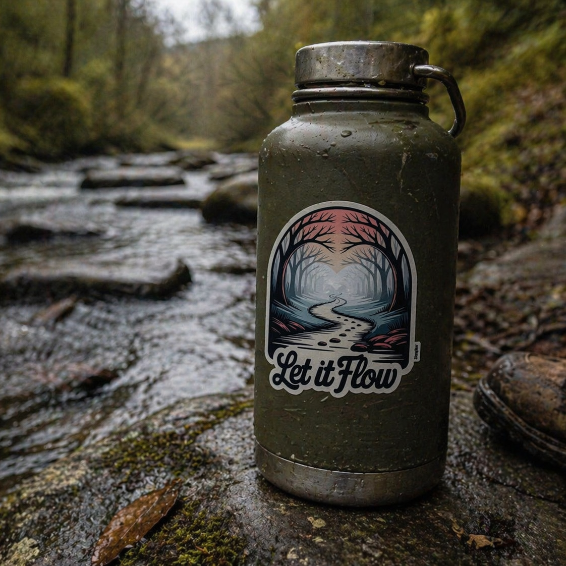 Green water bottle with 'Let it Flow' sticker on a forest floor