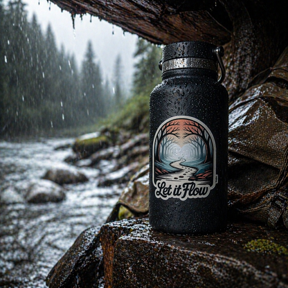 Black water bottle with 'Let it Flow' sticker in a forest setting