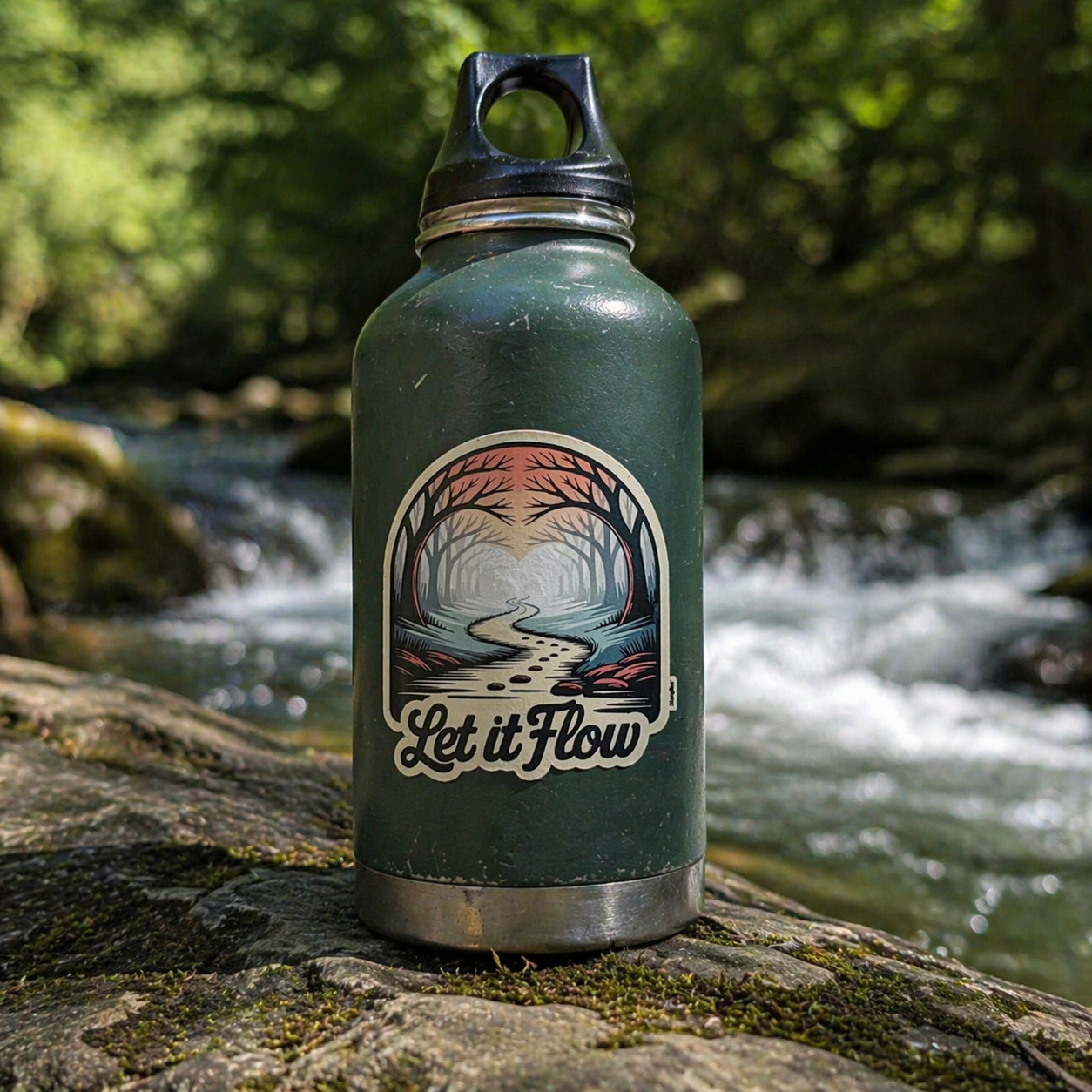 Green water bottle with 'Let it Flow' sticker on a rock by a stream