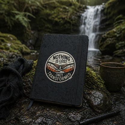 Black notebook with a motivational quote "nothing is lost only transformed' on a mossy rock with a waterfall in the background