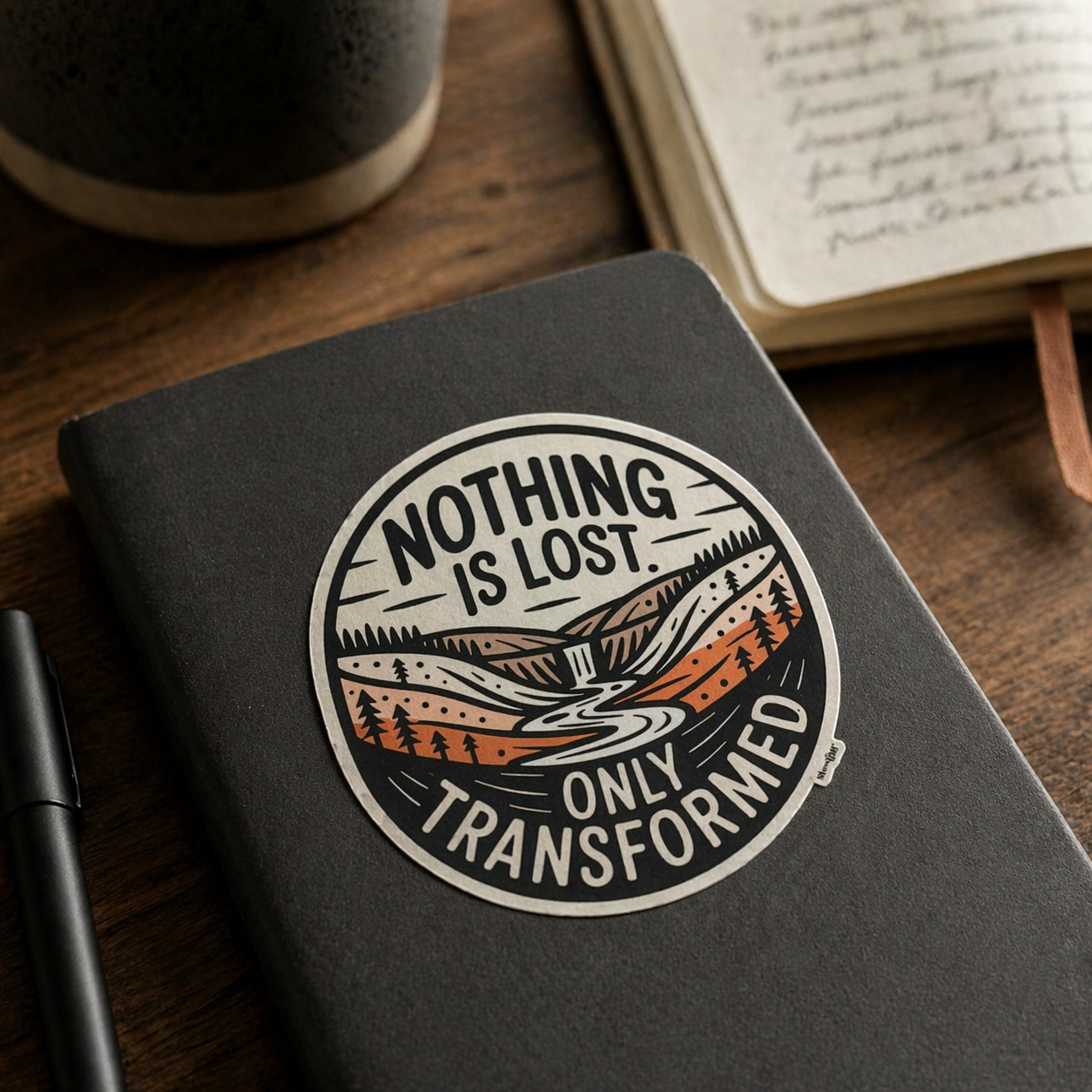 Black notebook with a motivational sticker 'nothing is lost only transformed' on a wooden surface