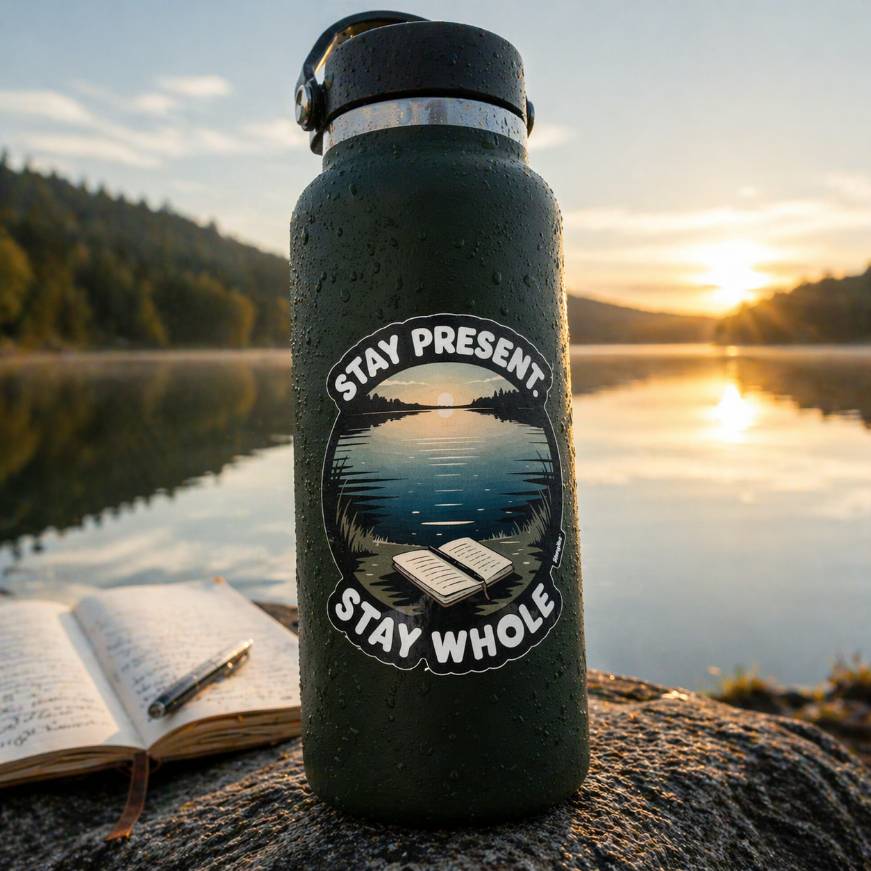 Dark green water bottle with 'Stay Present, Stay Whole' sticker by a lake at sunset