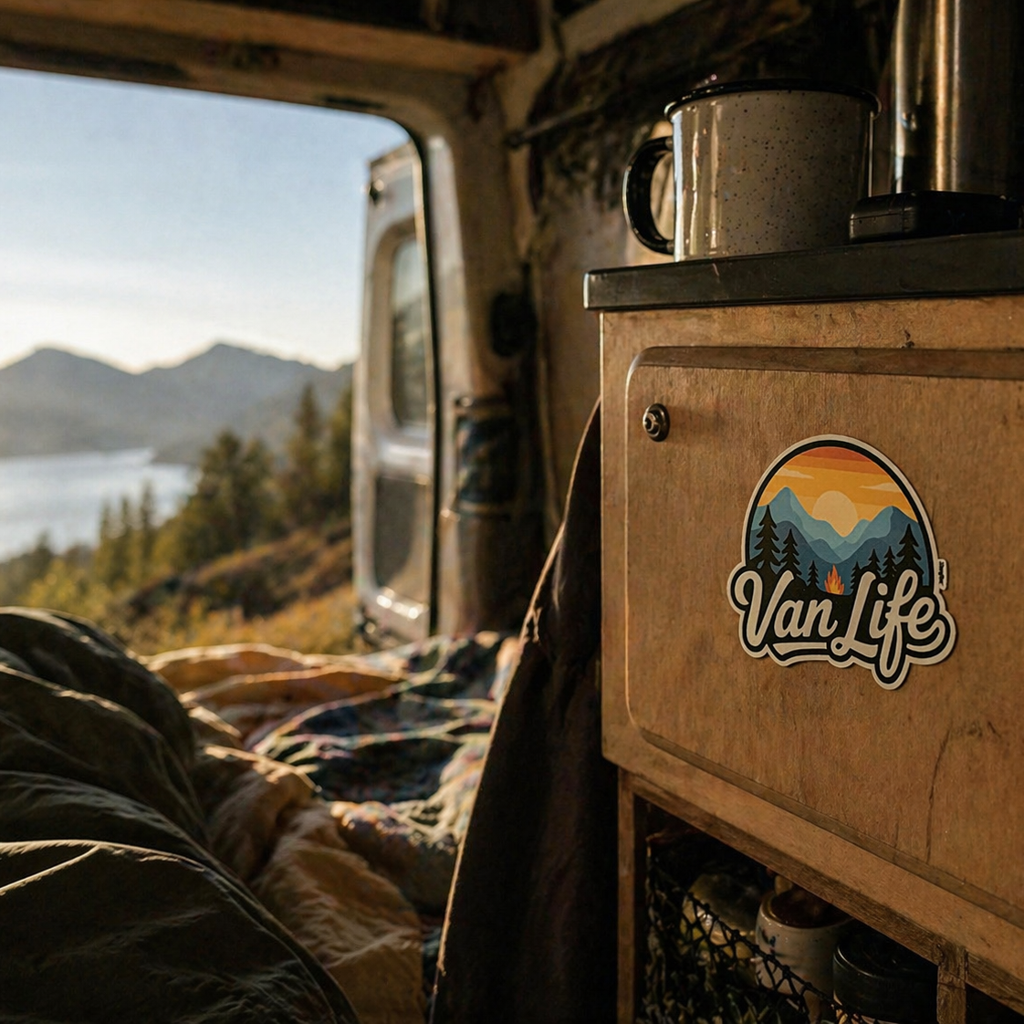 Van interior with a 'Van Life' sticker, coffee mug, and scenic view outside.