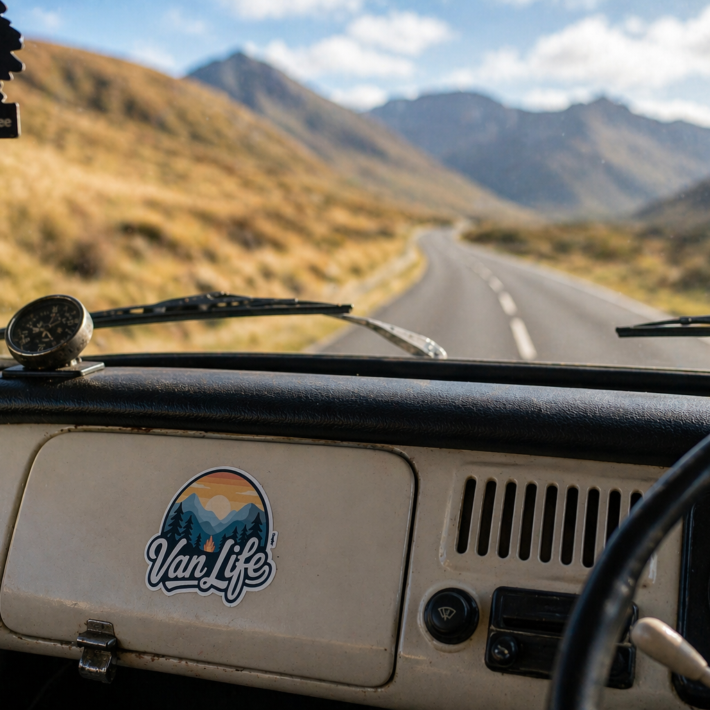 View from inside a vehicle on a mountain road with 'Van Life' sticker.